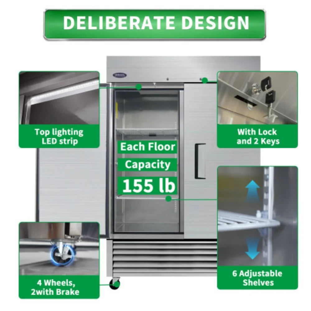 54" Commercial Refrigerator 49 Cu.ft 2 Solid Door Reach-In Stainless Steel Upright Fridge A50371
