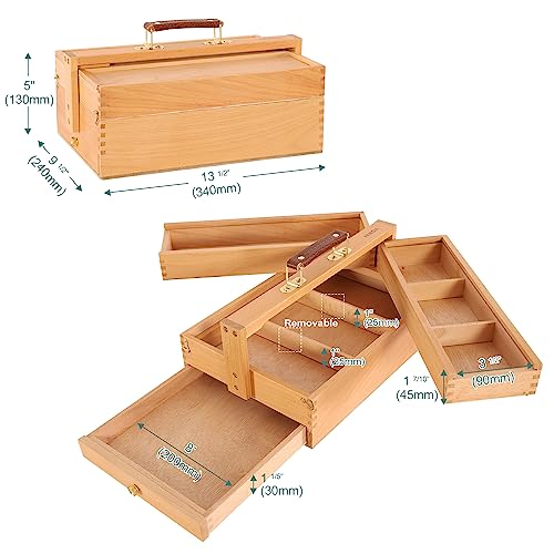 Solid Beech Wooden Artist Storage Box with Drawer, Three Layers, 13 1/2" x 9 1/2" x 5" Q771