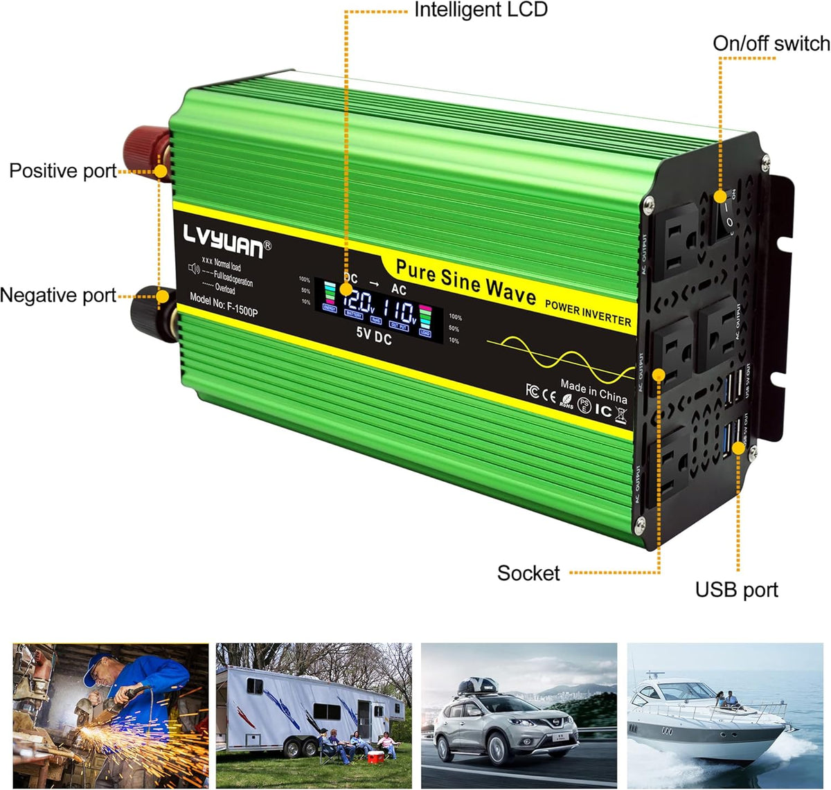 Pure Sine Wave Inverter 500 Watts 12V to 110V DC to AC with Dual AC Sockets and Dual USB Ports G79926
