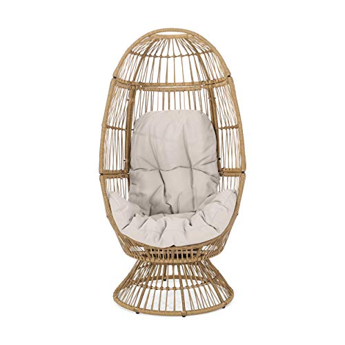 Light Brown Beige Wicker Swivel Egg Chair with Cushion N3997