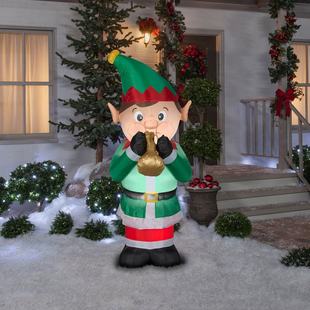 Inflatable Animated Elf Playing Trumpet LED Lighted Yard Decoration - 72 in I2799