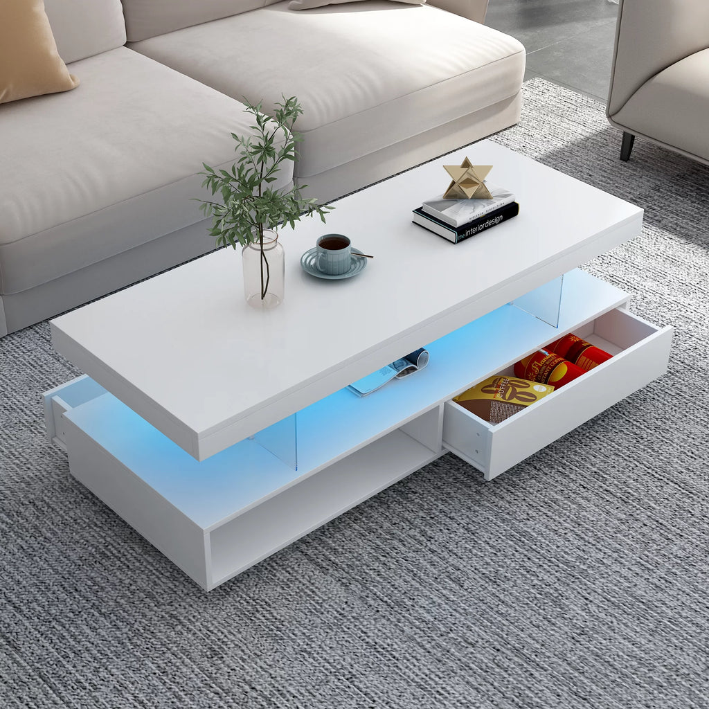 White LED Coffee Table with Storage and 2 Drawers Y649