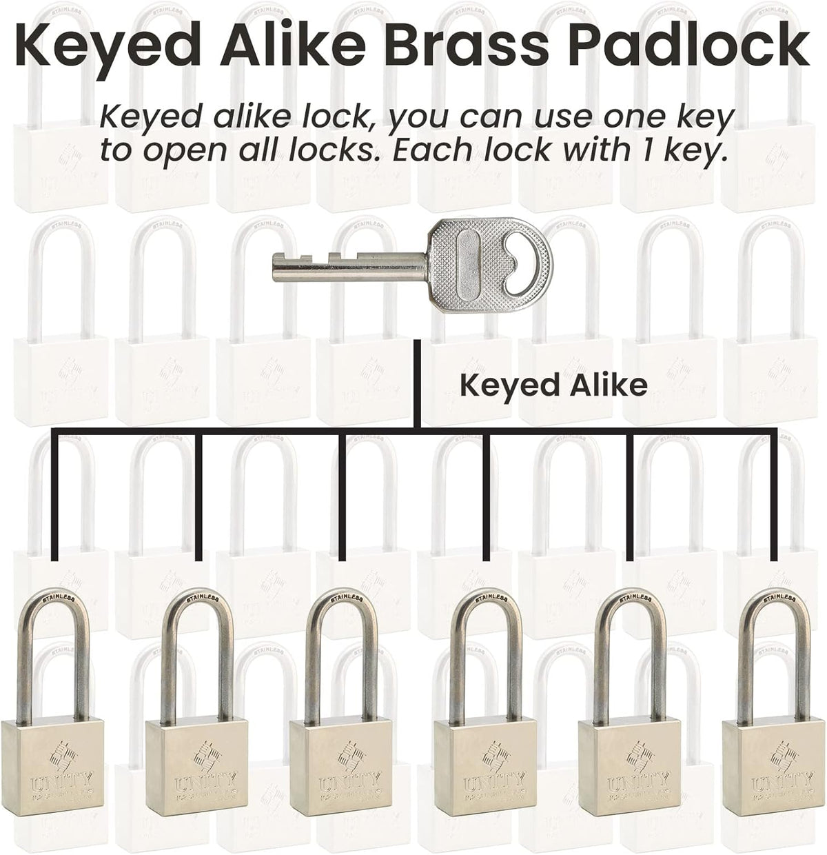 24 Pack Brass Keyed Alike Padlock with Long Shackle R57968