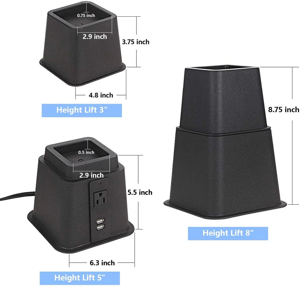 Black Set of 4 Adjustable Bed Riser with Power Outlet and USB Ports T945