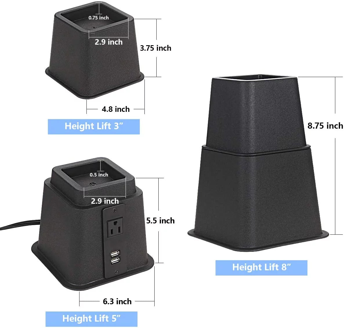Black Set of 4 Adjustable Bed Riser with Power Outlet and USB Ports T945
