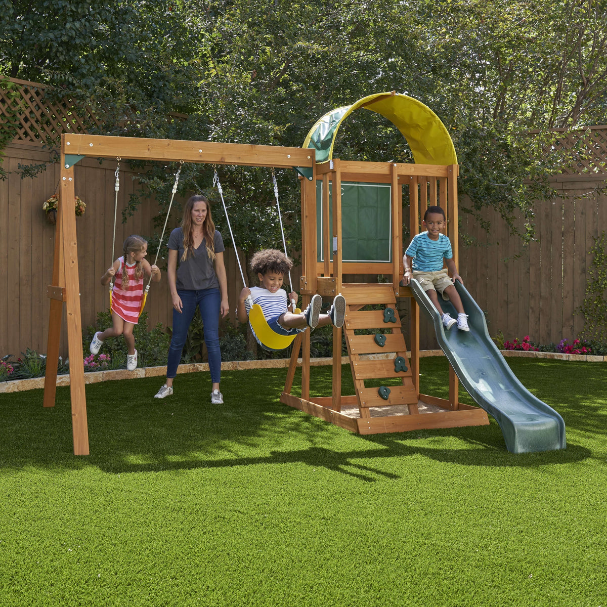 Wooden Outdoor Swing Set with Slide and Rock Wall O79845