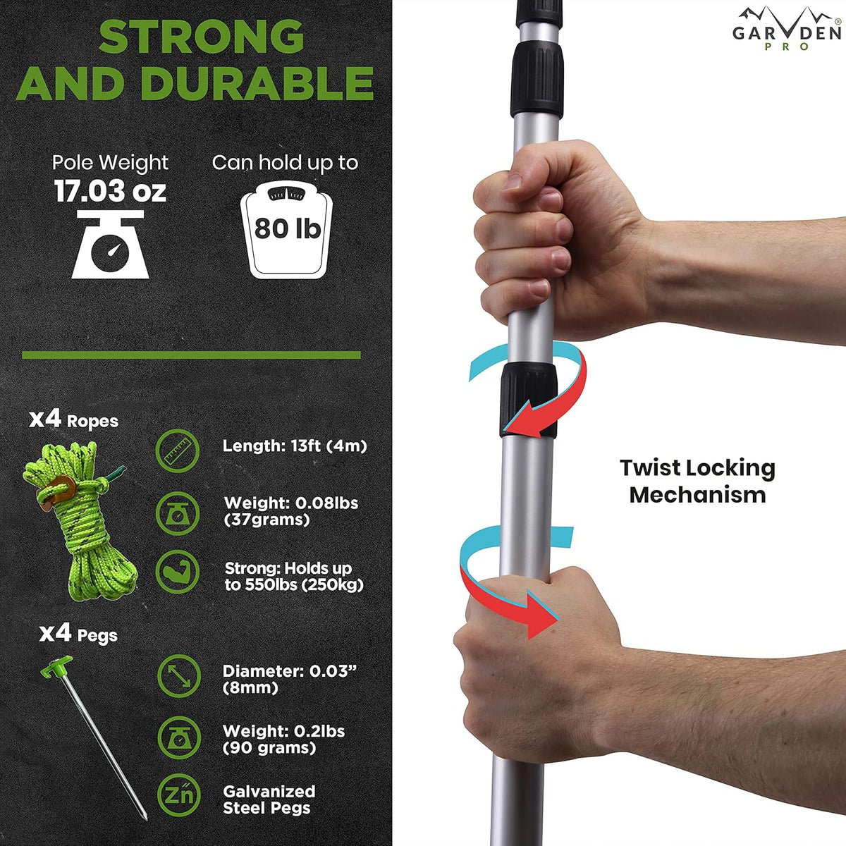 Telescoping Aluminum Tarp Poles with Pegs & Reflective Ropes Y244