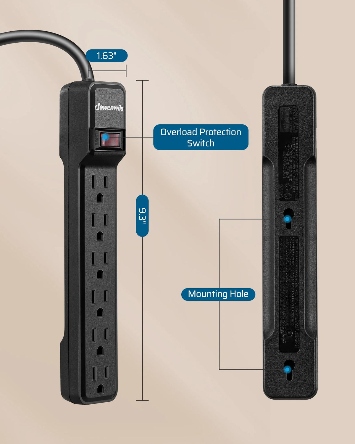 6-Outlet Surge Protector Power Strip with 10ft Extension Cord, Black S821