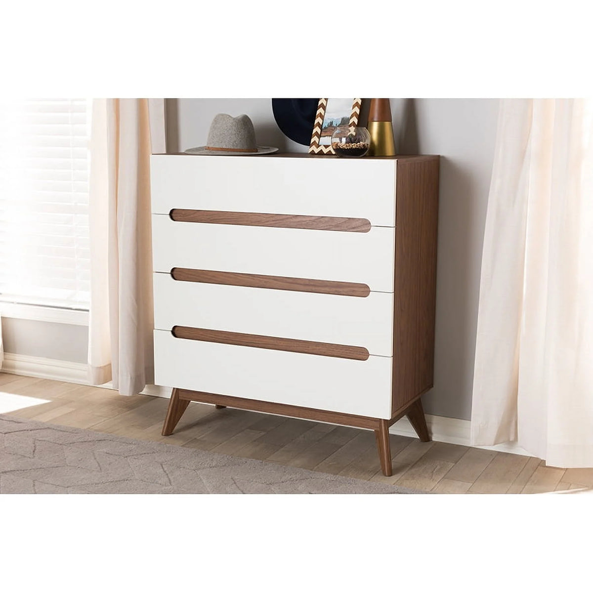 White and Walnut Wood 4-Drawer Storage Chest B1793