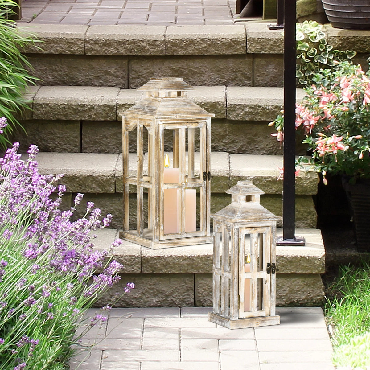 2 Pack Large Rustic Wooden Lantern Decorative, Natural P699863