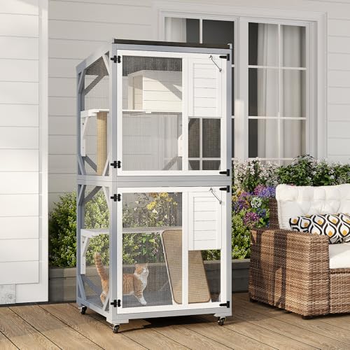 Outdoor Cat Enclosure on Wheels, 2-Tier Waterproof Catio with Scratching Post, Gray and White D4961