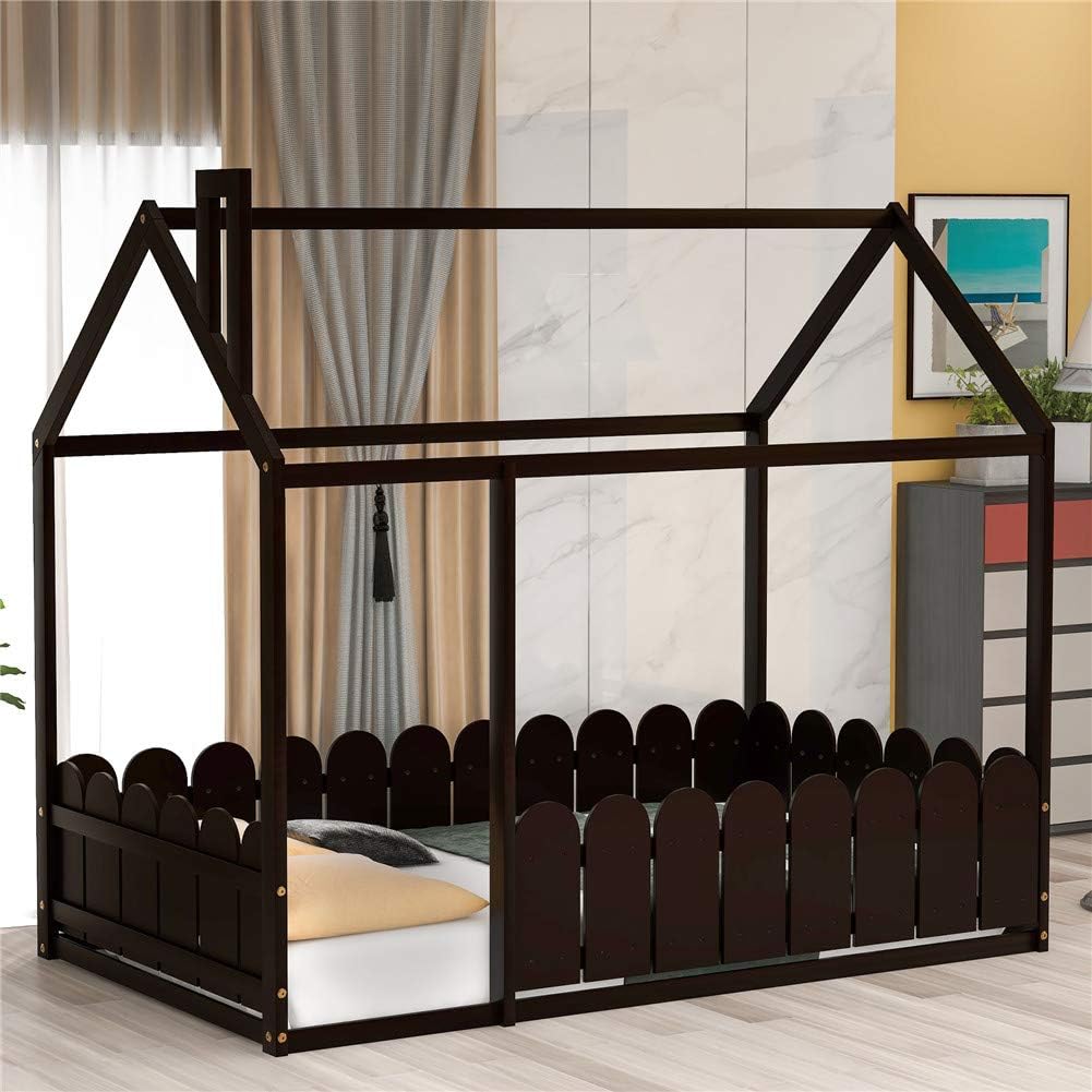 Twin Size Wood House Bed Frame with Fence G158549