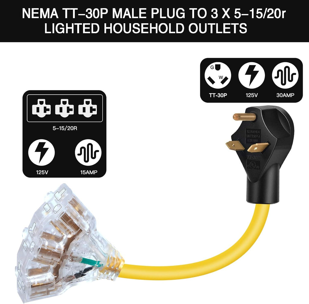 30 Amp to 15 Amp RV Adapter Extension Cord, 3-Way Outlet Splitter, 125 Volt, 10AWG, 2ft I5948
