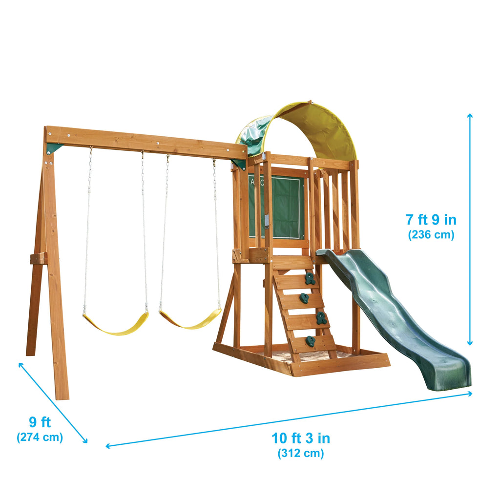 Wooden Outdoor Swing Set with Slide and Rock Wall O79845