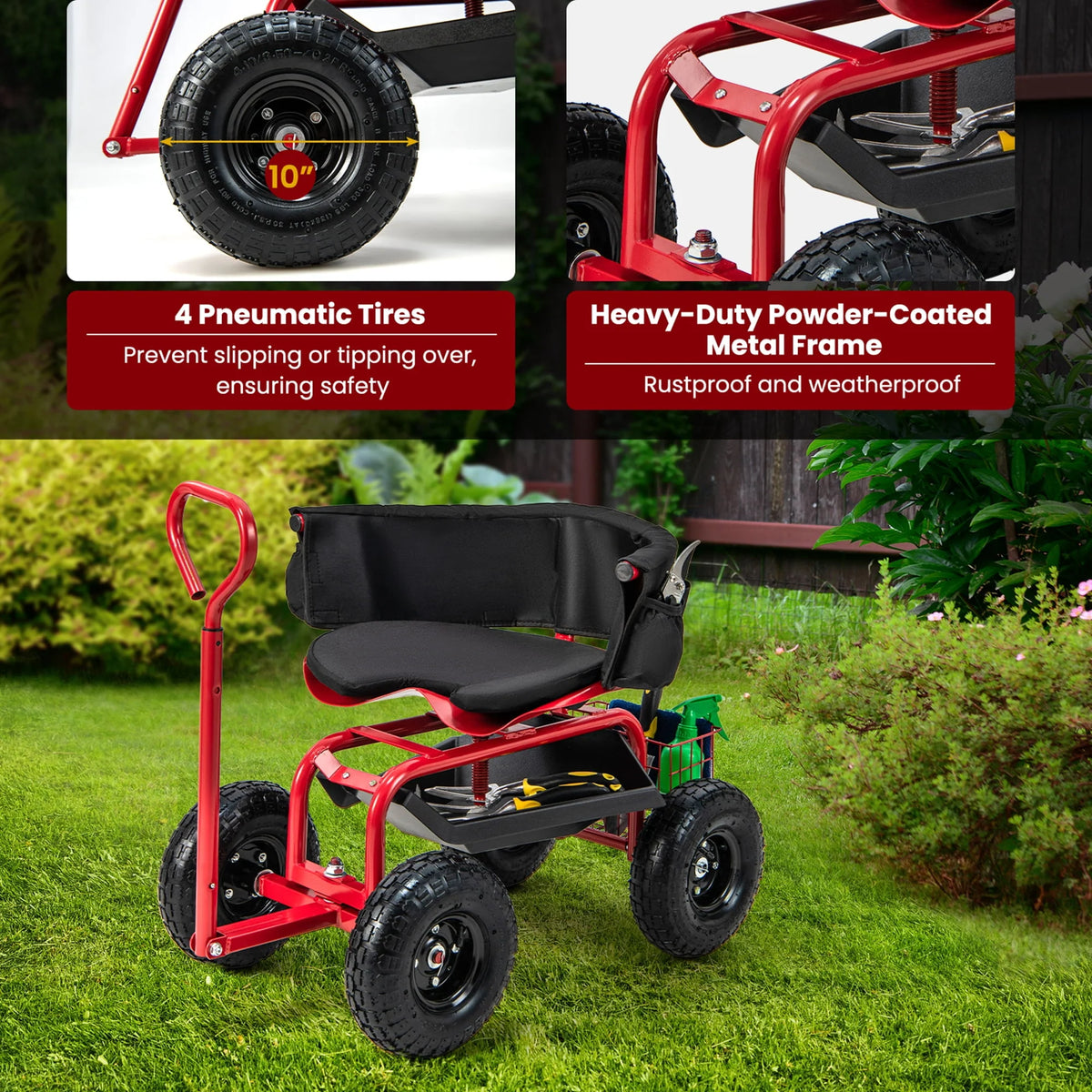 Rolling Garden Cart with Swivel Seat & Tool Storage N77114