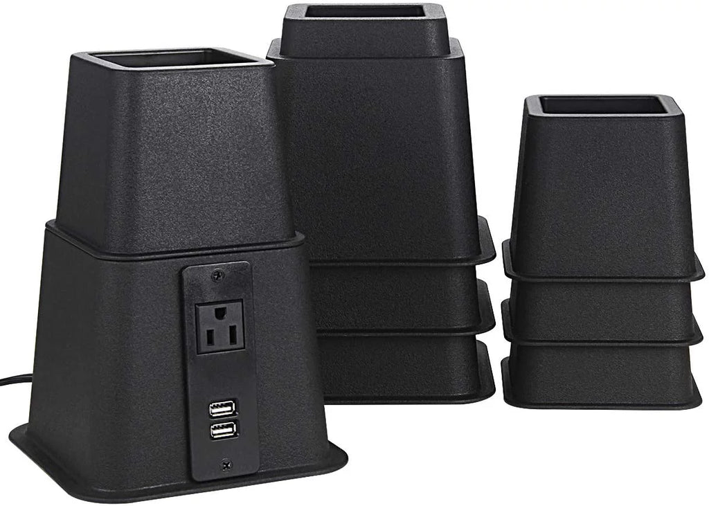 Black Set of 4 Adjustable Bed Riser with Power Outlet and USB Ports T945