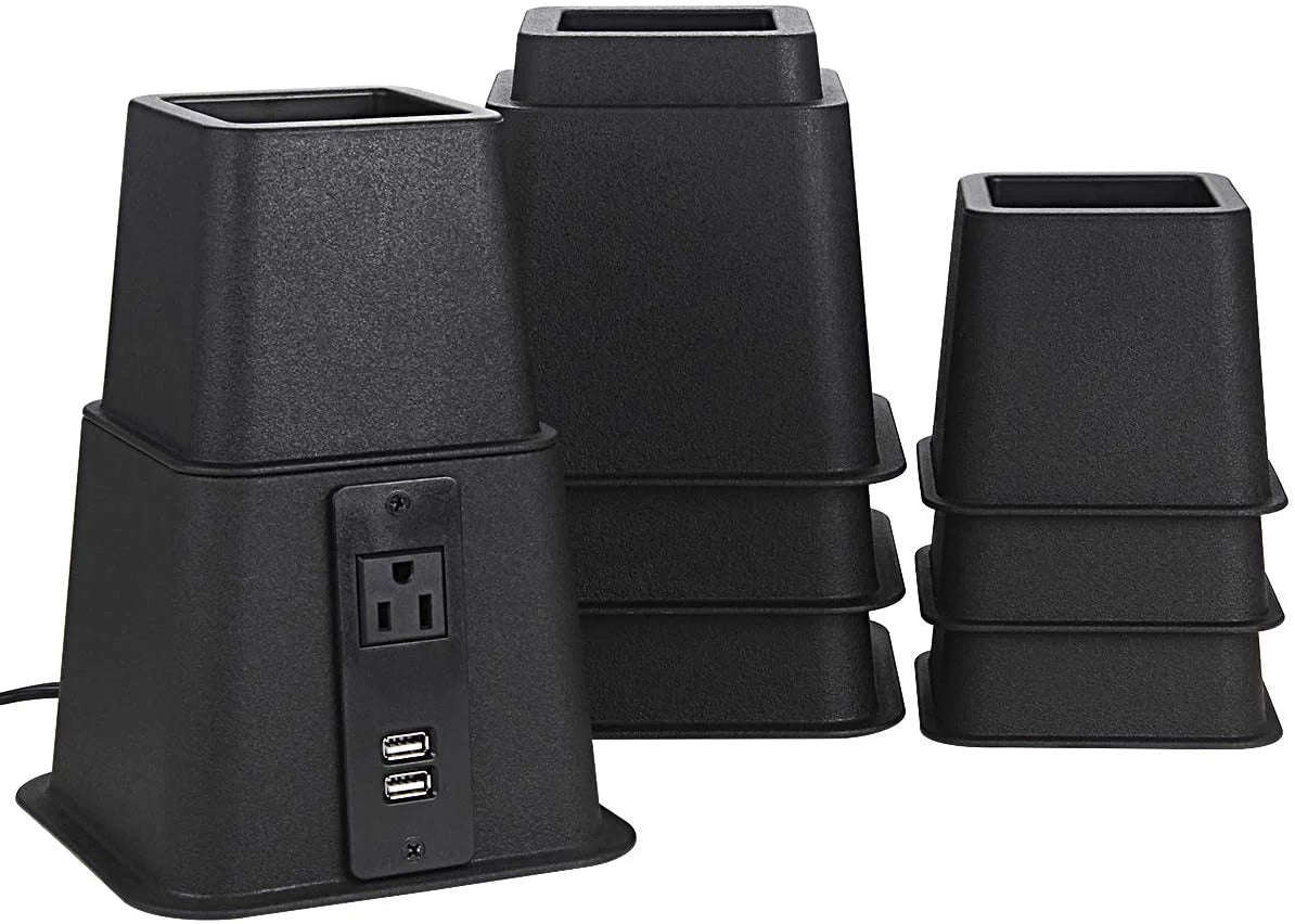 Black Set of 4 Adjustable Bed Riser with Power Outlet and USB Ports T945