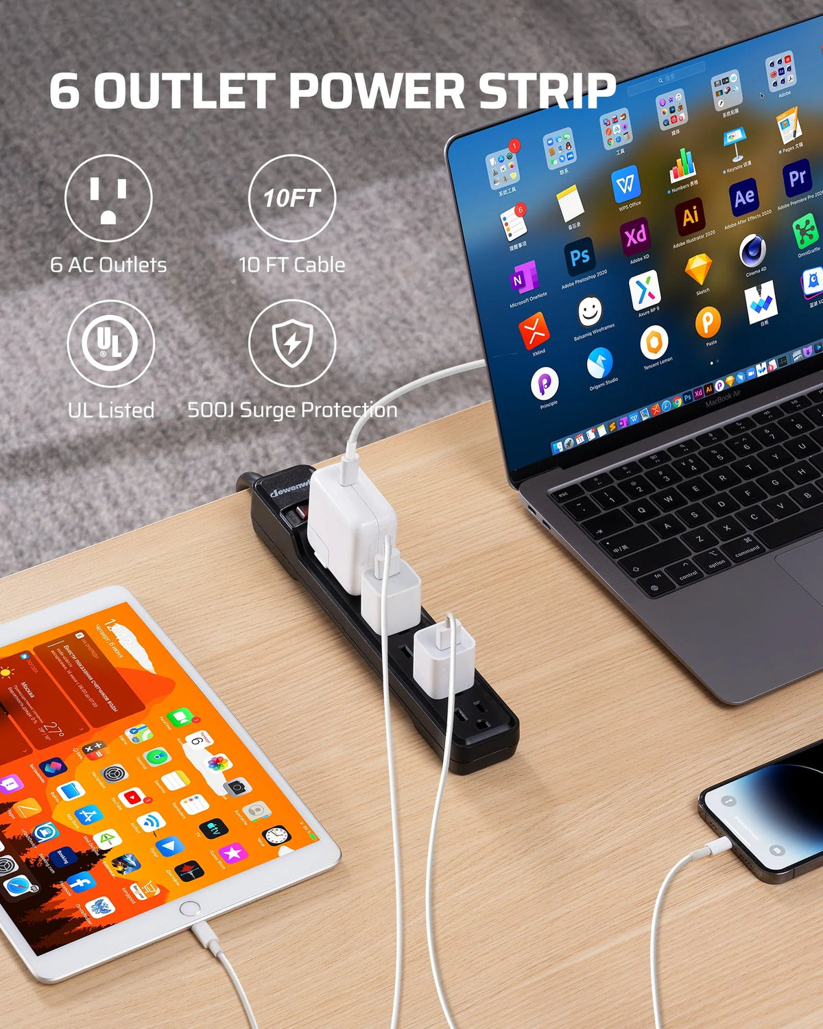 6-Outlet Surge Protector Power Strip with 10ft Extension Cord, Black S821