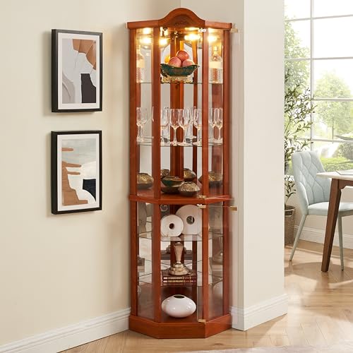 Oak Lighted Wooden Corner Display Curio Cabinet with Tempered Glass Doors N27001