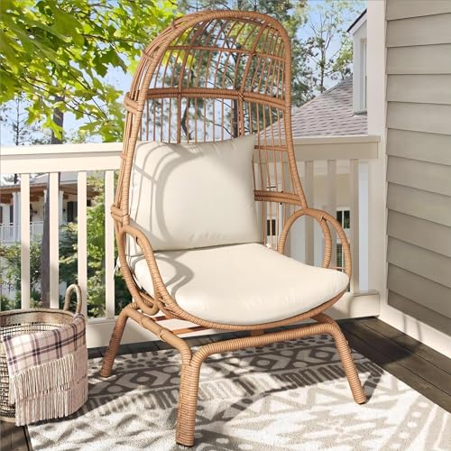 Beige Wicker Egg Chair with Stand & Cushion F9407