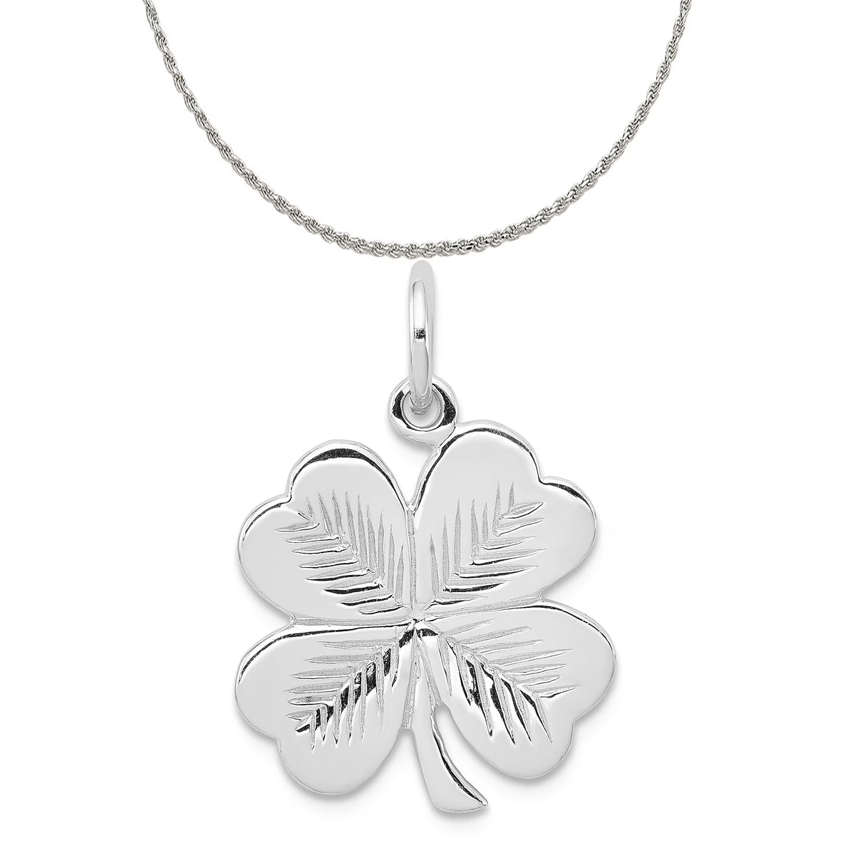Sterling Silver 4 Leaf Clover Charm Pendant with Rope Chain Necklace 20'' P478