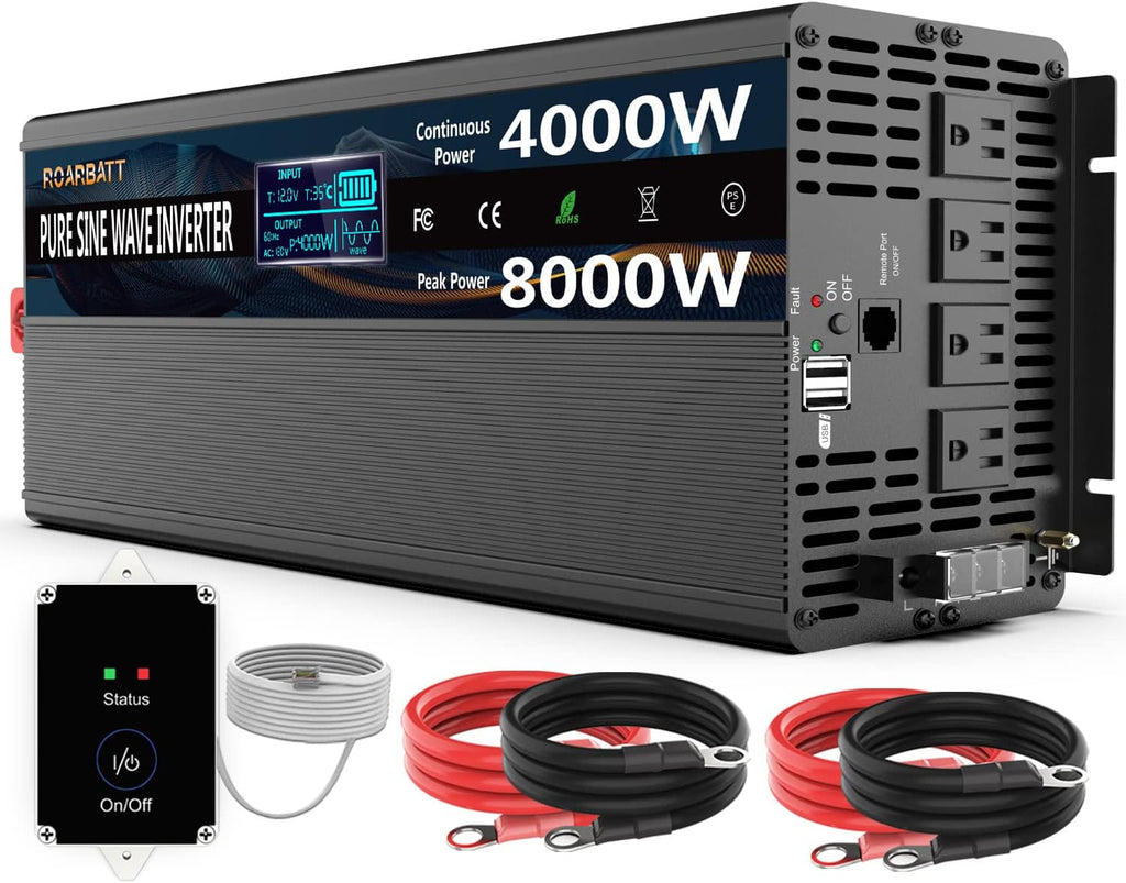 4000Watt 12V DC to AC 110V Power Inverter with Remote Control 4 AC Outlets Dual USB Port F351