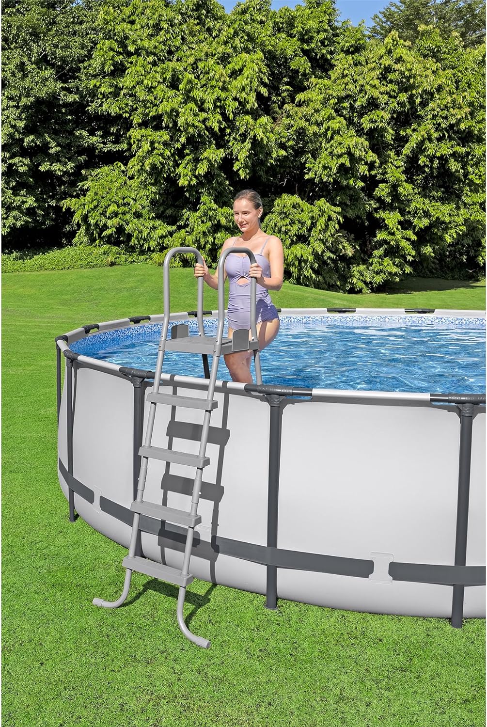 18 Foot x 48 Inch Round Metal Frame Above Ground Swimming Pool Set with Filter Pump, Ladder, and Cover P2824