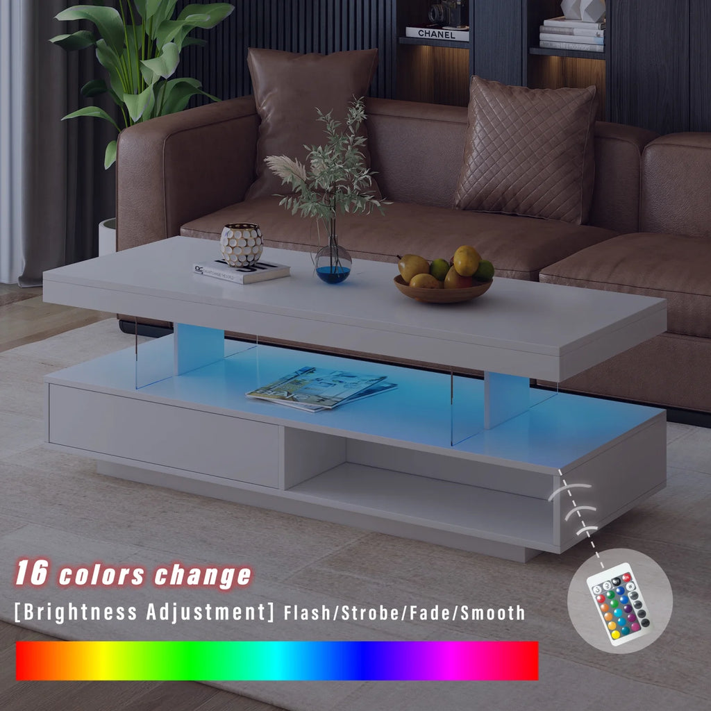 White LED Coffee Table with Storage and 2 Drawers Y649