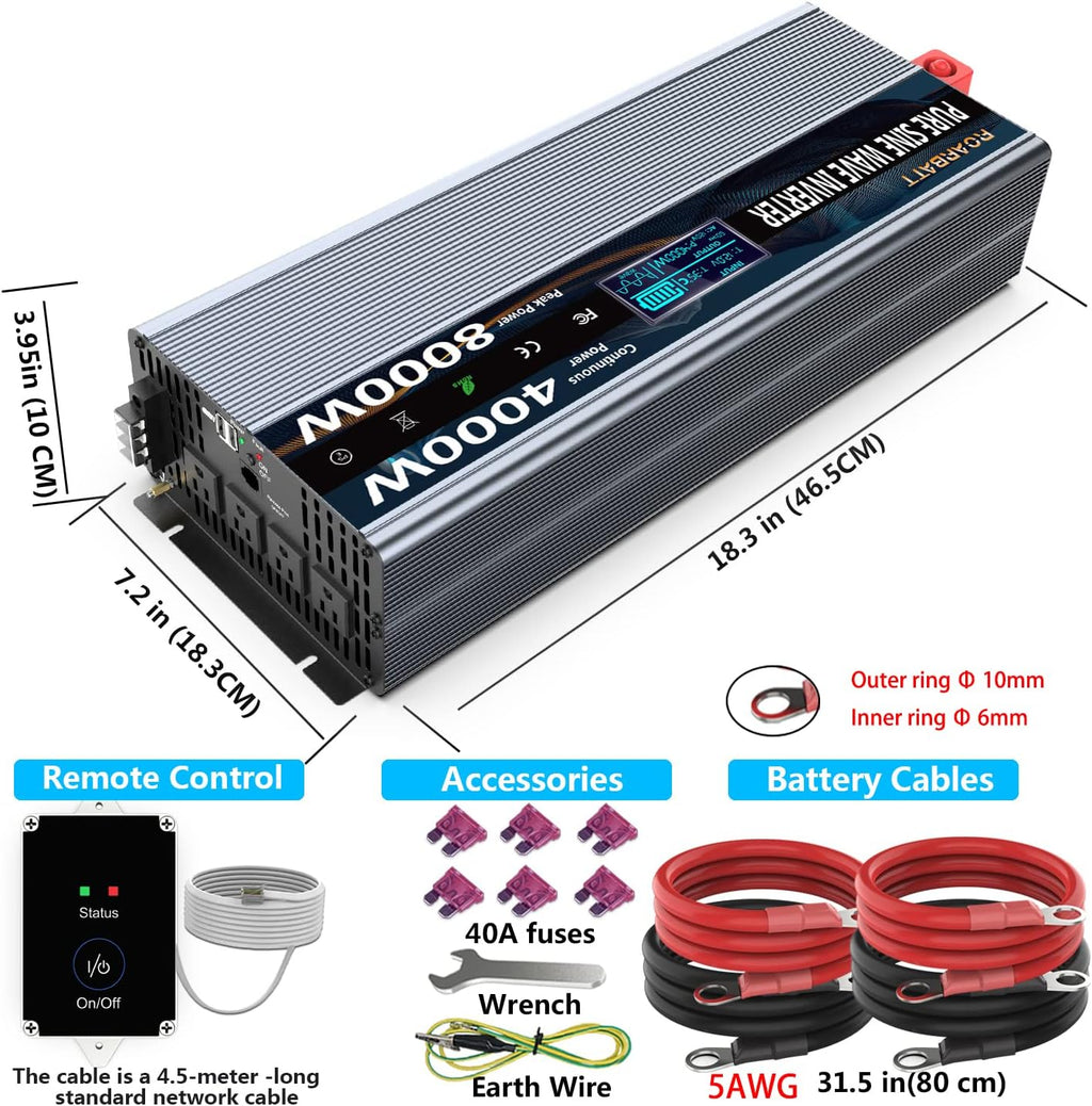 4000Watt 12V DC to AC 110V Power Inverter with Remote Control 4 AC Outlets Dual USB Port F351