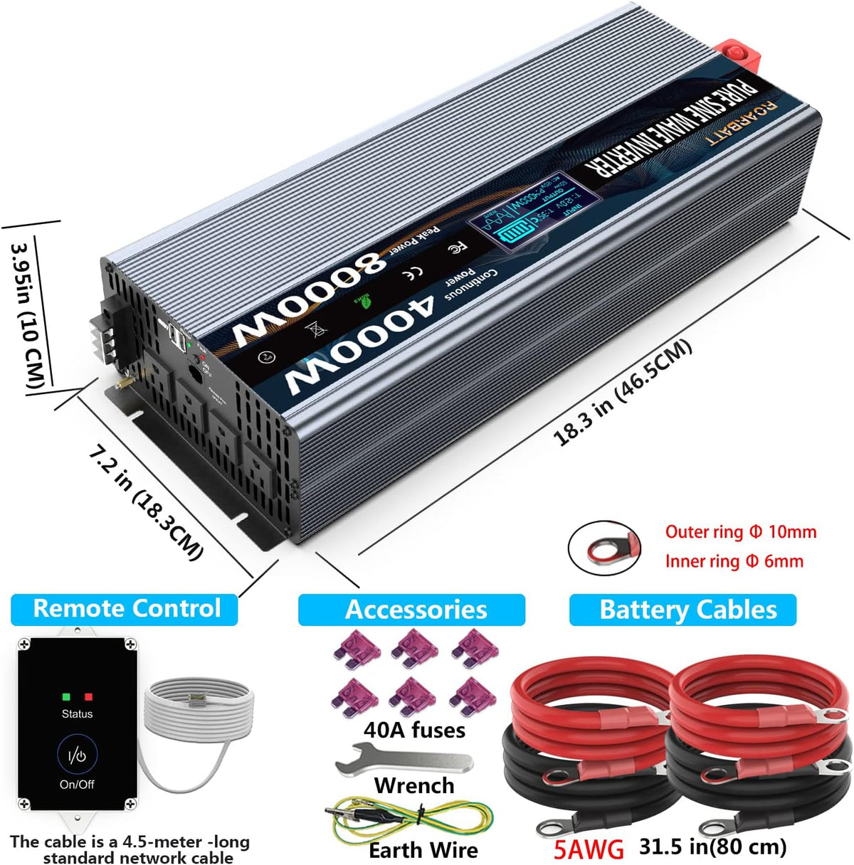 4000Watt 12V DC to AC 110V Power Inverter with Remote Control 4 AC Outlets Dual USB Port F351