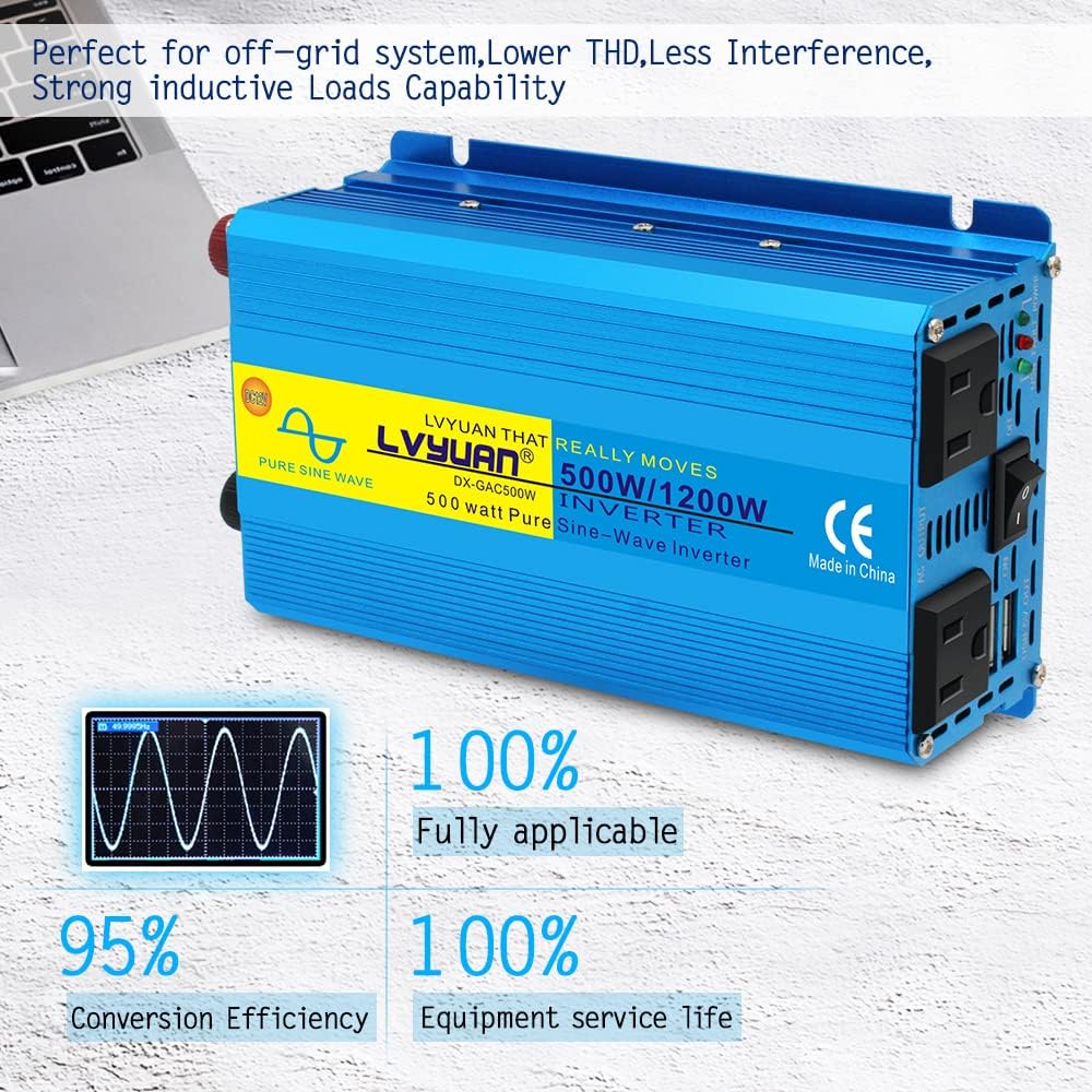 Pure Sine Wave Inverter 500 Watts 12V to 110V DC to AC with Dual AC Sockets and Dual USB Ports G79926
