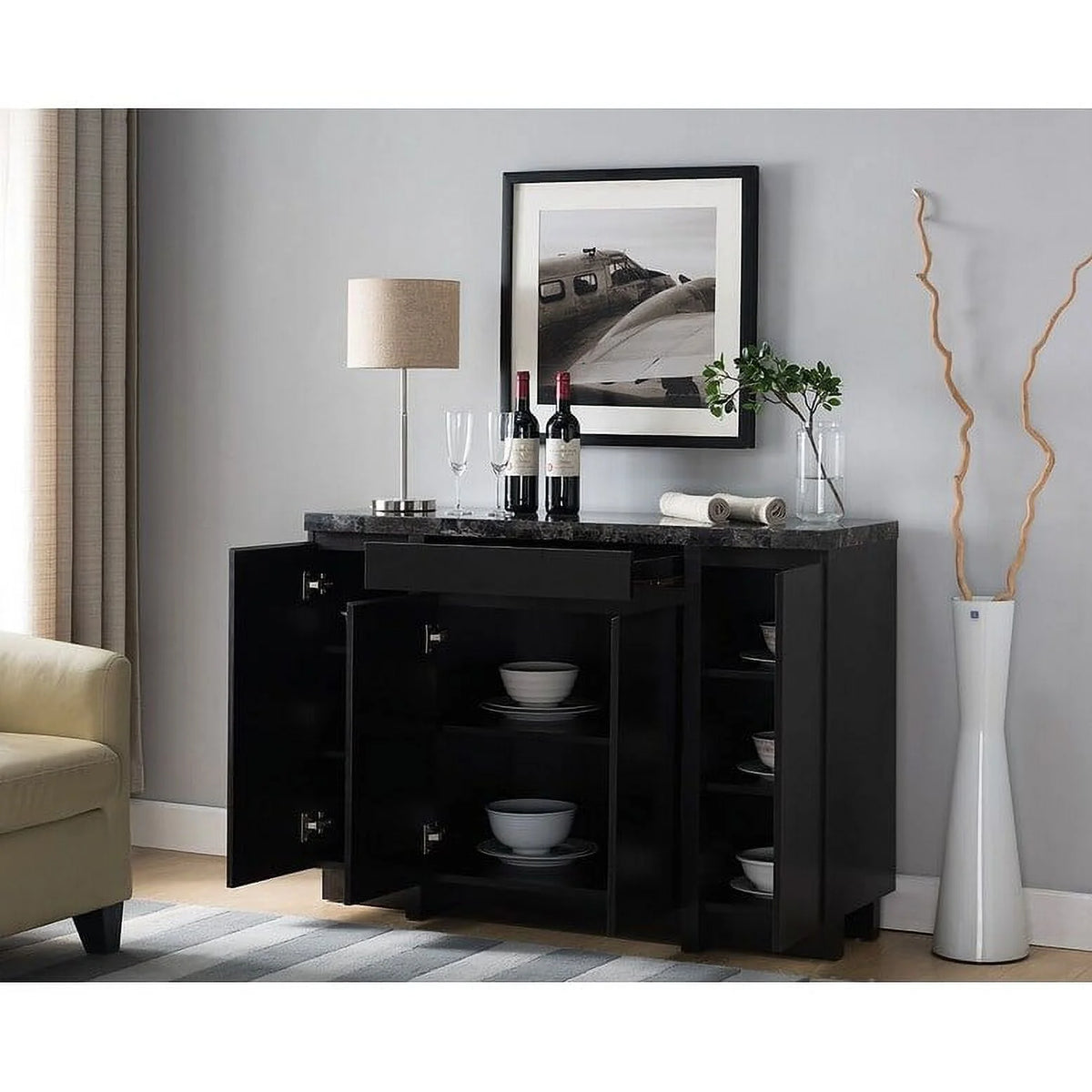 Faux Marble Top Sideboard Cabinet with Three Cabinets and One Drawer D754