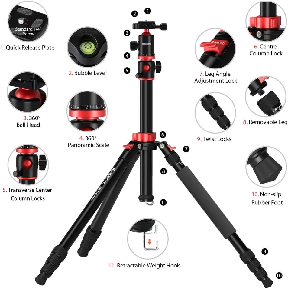 Aluminum Tripod with 360-Degree Ball Head and Rotatable Center Column, 75-Inch G249