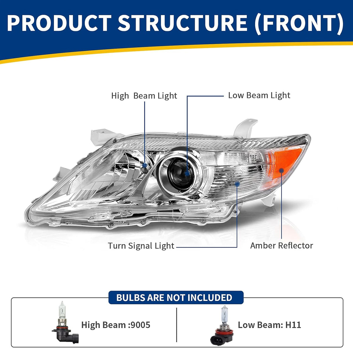 Headlight Assembly for 2010-2011 Camry Hybrid Chrome Housing Amber Reflector Projector Headlights N65201