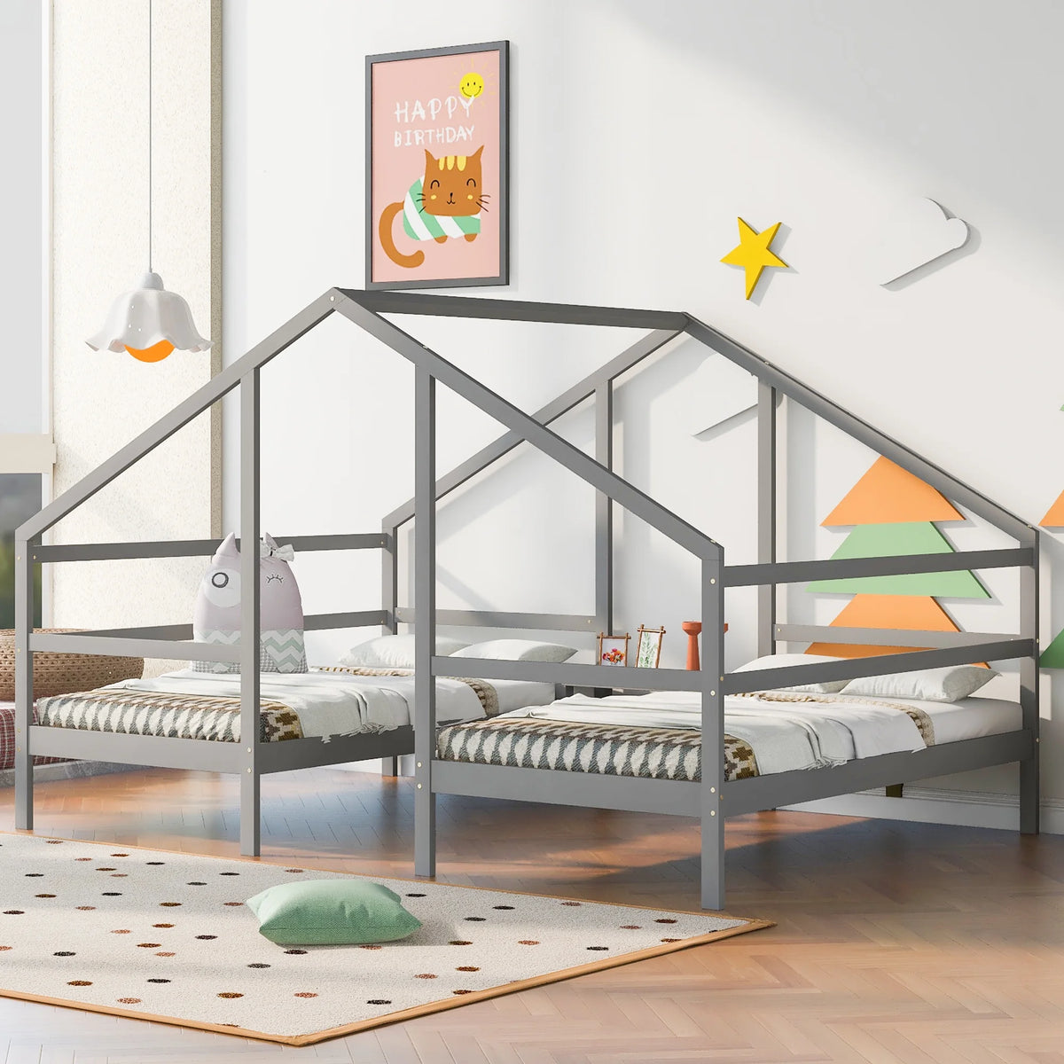 Twin Size Triangular House Beds with Built-in Table Gray I4145