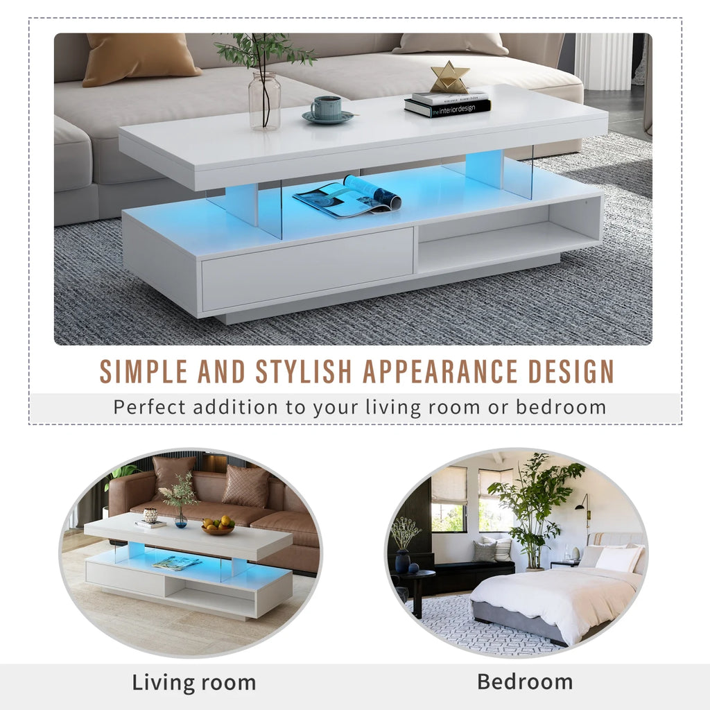White LED Coffee Table with Storage and 2 Drawers Y649