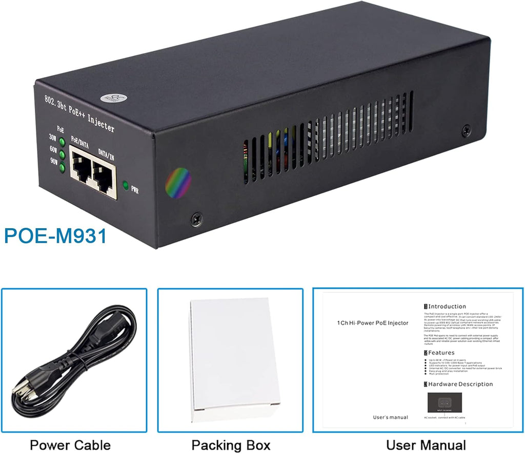 PoE Injector Adapter 95W Gigabit Ultra PoE++ Injector Metal housing T722