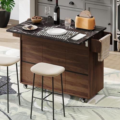 Walnut Brown Rolling Kitchen Island with Drop Leaf T401081