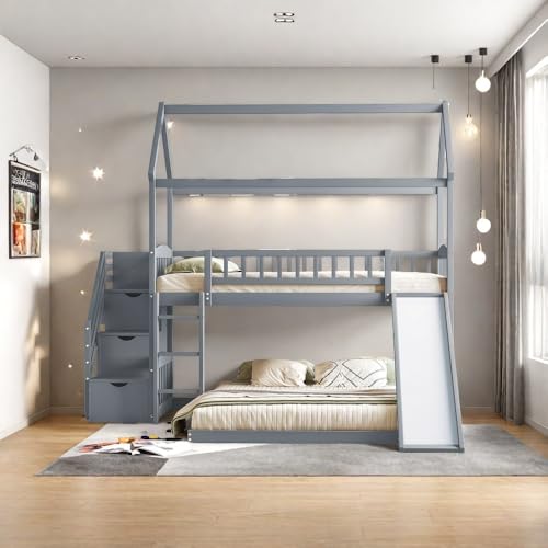 Twin Over Full Bunk Bed with Stairs and Slide, Gray S561