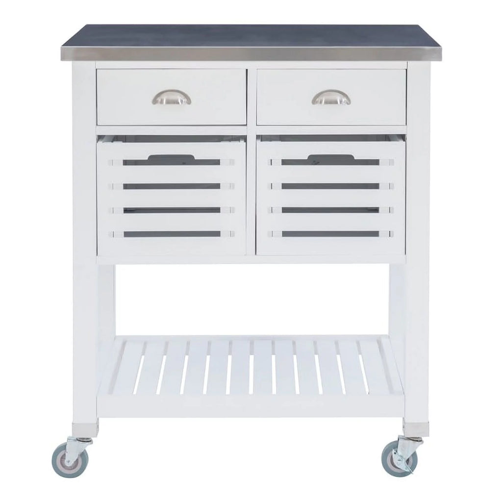 White Wood Stainless Steel Top Kitchen Cart D36766