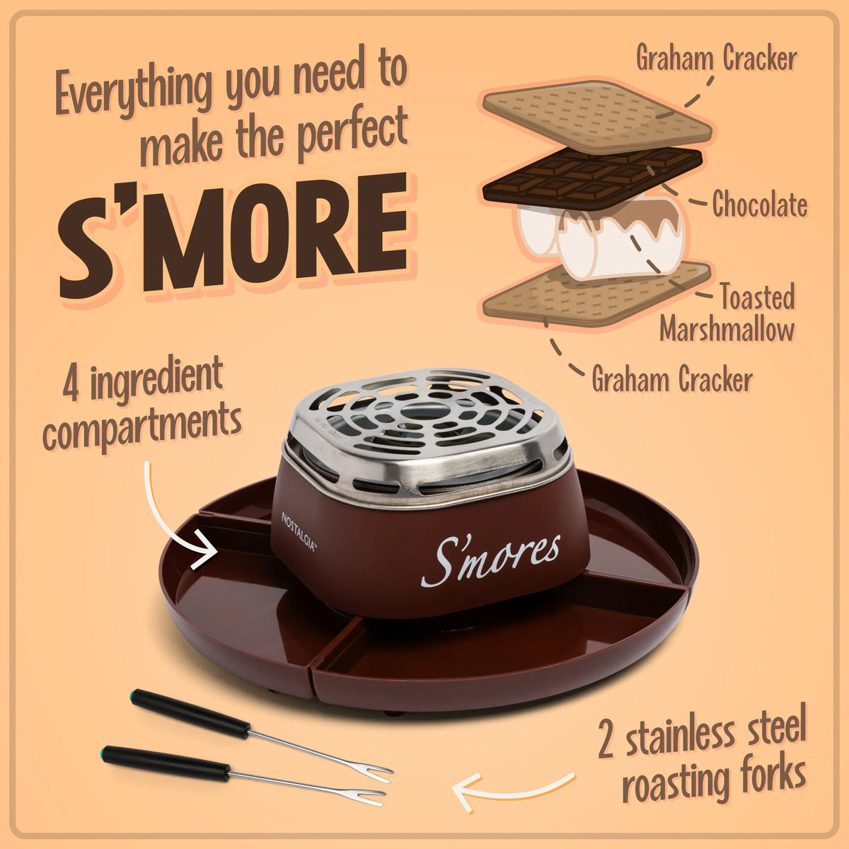 Electric Stainless Steel S'mores Maker with 4 Compartment Trays and 2 Roasting Forks I536