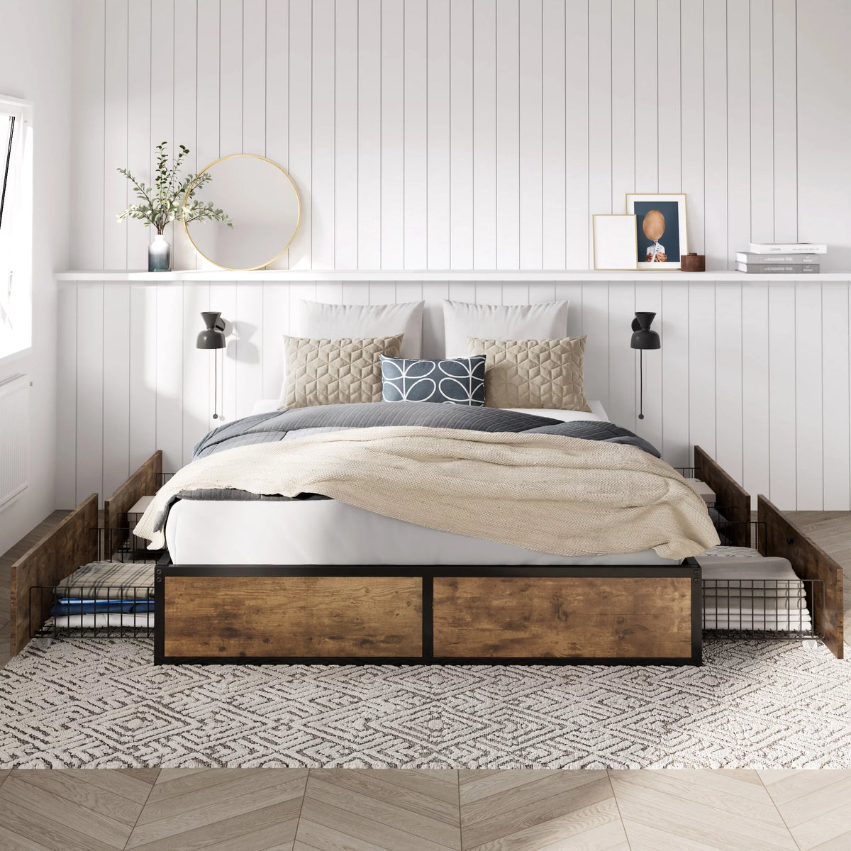 Queen Size Metal Platform Bed Frame with 4 Storage Drawers C986