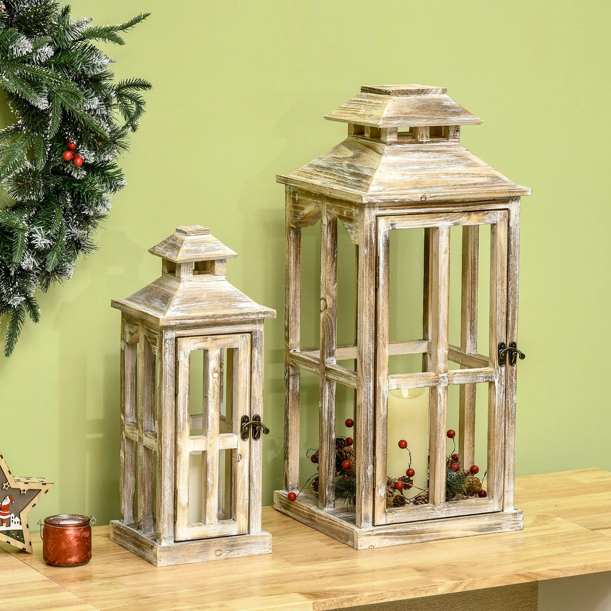 2 Pack Large Rustic Wooden Lantern Decorative, Natural P699863