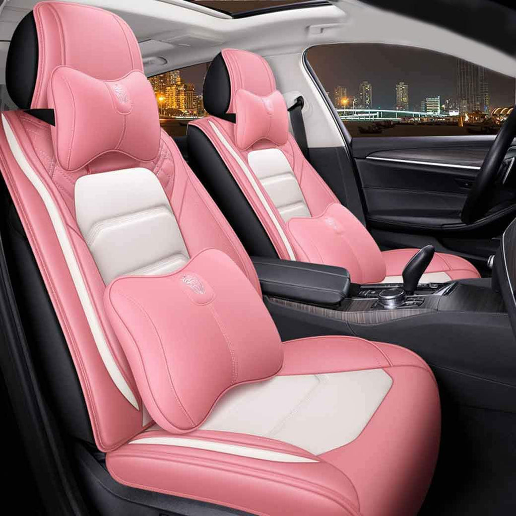 Leather Auto Car Seat Covers 5 Seats Full Set (BK - Pink) B7045