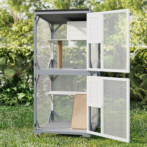 Outdoor Cat Enclosure on Wheels, 2-Tier Waterproof Catio with Scratching Post, Gray and White D4961