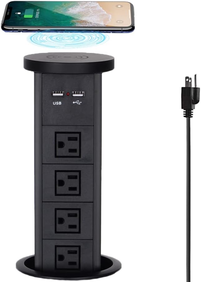 Black Pop up Outlet with Wireless Charger, 4 US Power USB Ports A15728