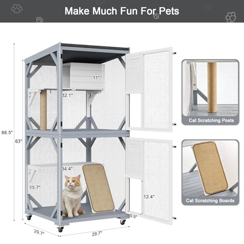 Outdoor Cat Enclosure on Wheels, 2-Tier Waterproof Catio with Scratching Post, Gray and White D4961