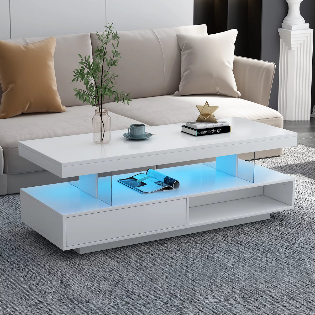 White LED Coffee Table with Storage and 2 Drawers Y649