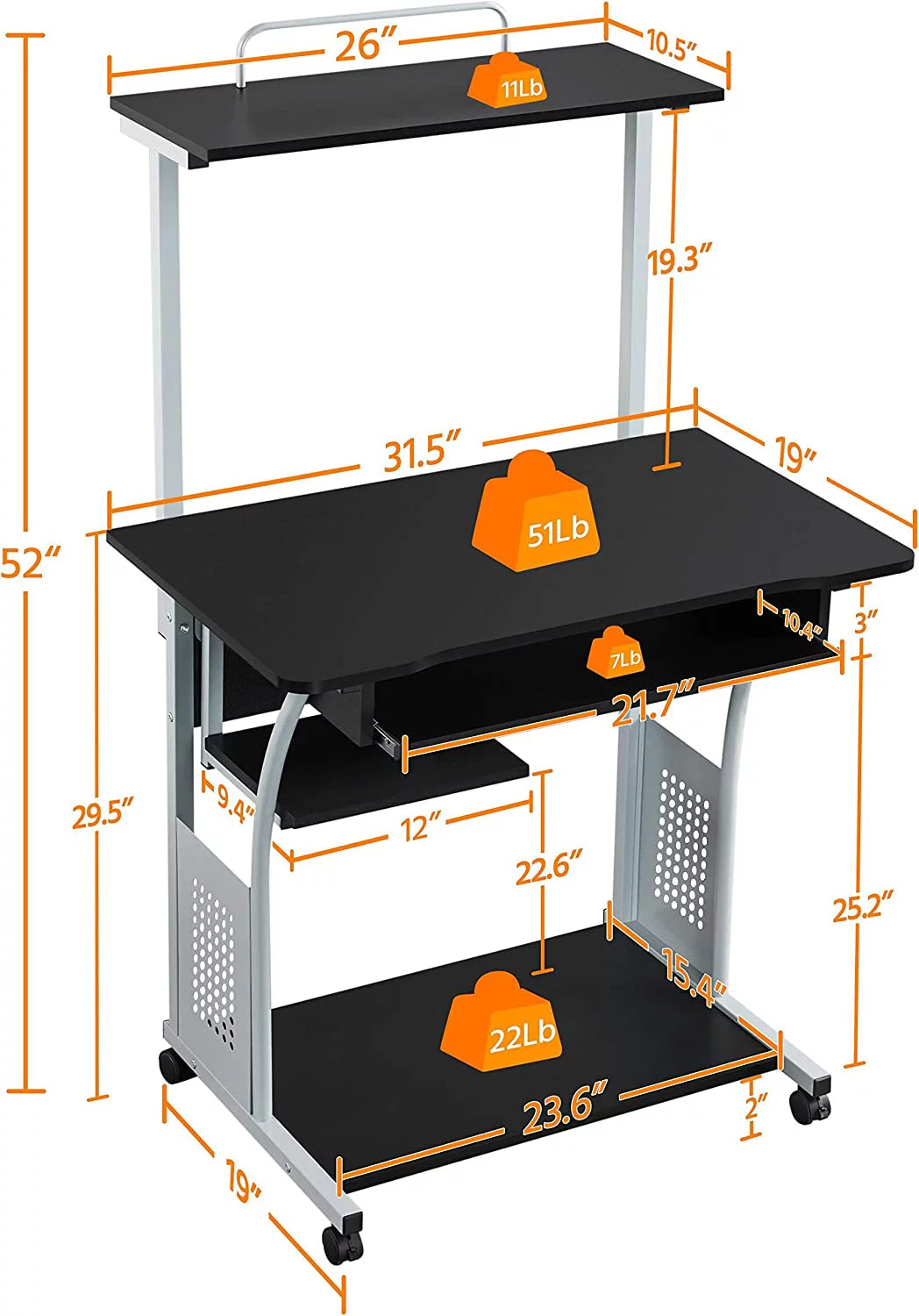 Black 2 Tier Rolling Computer Desk with Keyboard Tray C73135