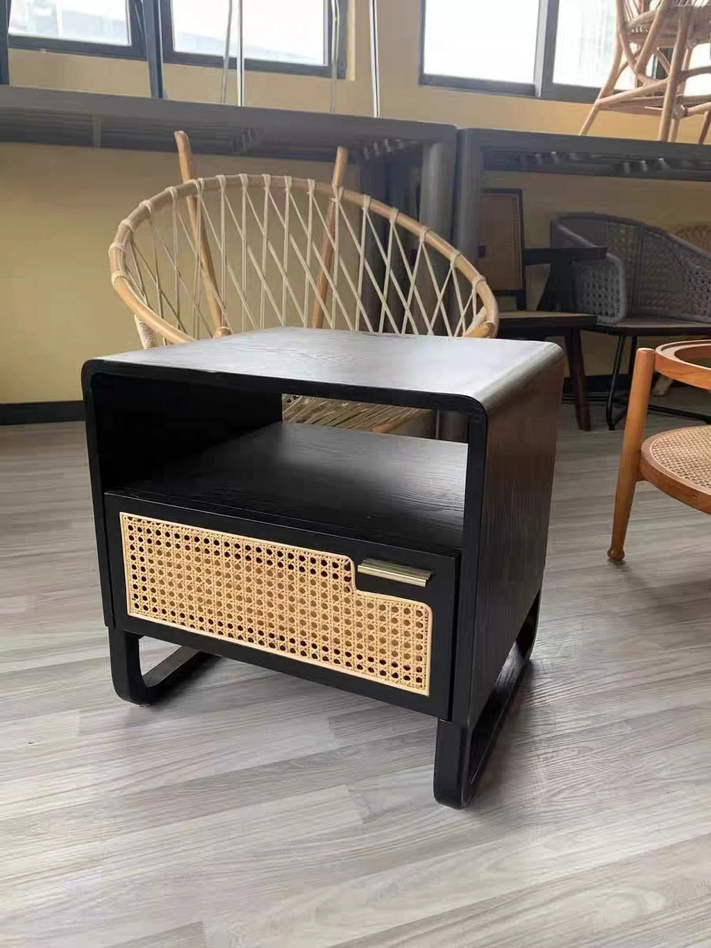 Black Rattan Woven Nightstand with 1 Drawer Q846609